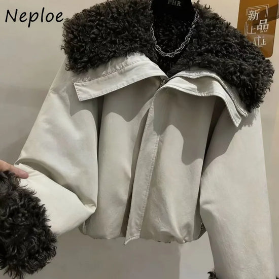 Neploe Moda Europe New Winter Parkas Fur Turn-down Collar Warm Thicked Women Clothing Loose Short Lambswool Minority Crop Tops