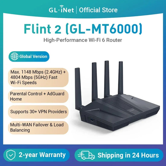 GL.iNet Flint 2 (GL-MT6000) enrutador doméstico yd oficina,tecnología Wi-Fi 6 de 8 transmisiones OpenWrt puertos Ethernetde2,5G